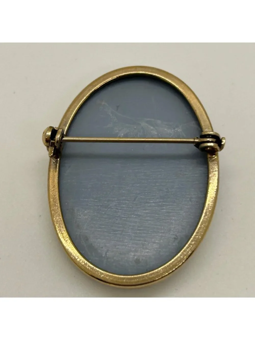 Vintage Acrylic Cameo Brooch Pin Blue Oval Gold Tone Portrait Classic Estate